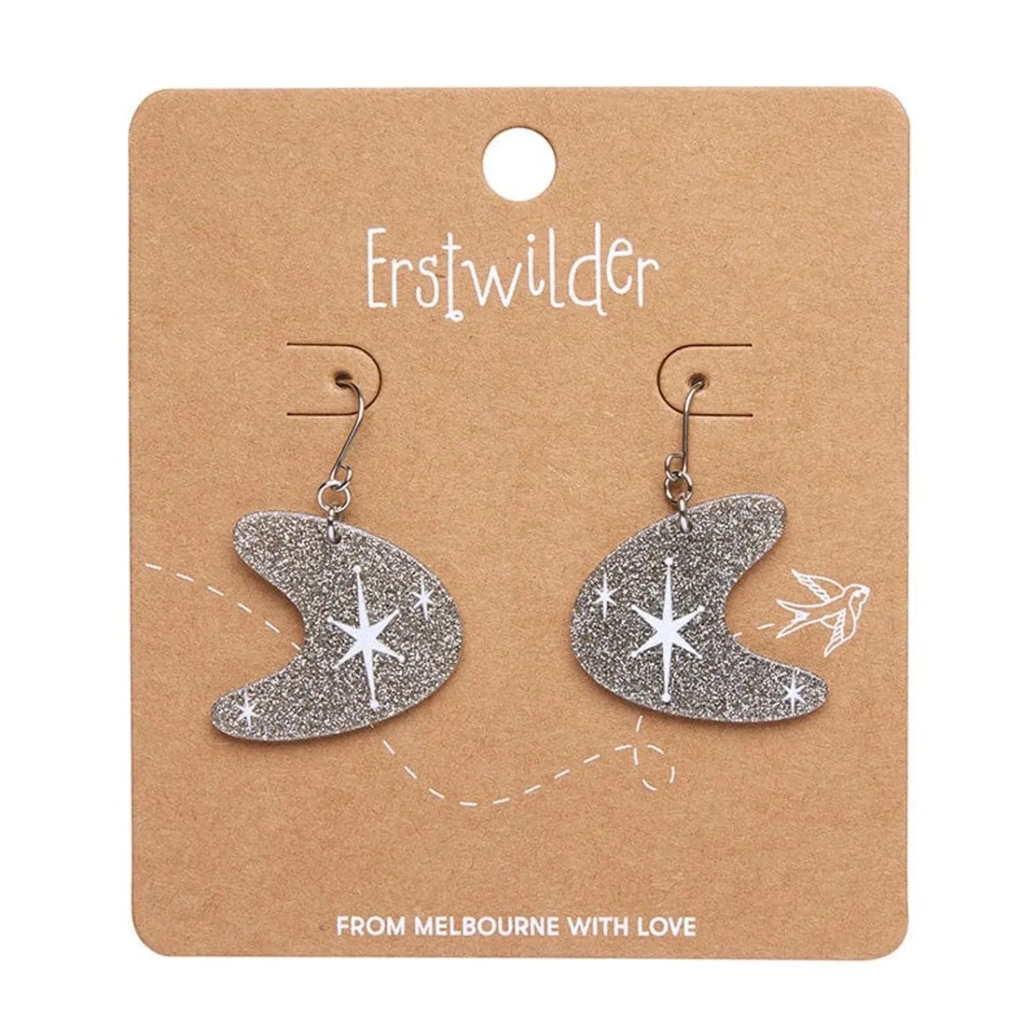 Atomic Boomerang Glitter Drop Earrings - Silver^Erstwilder New